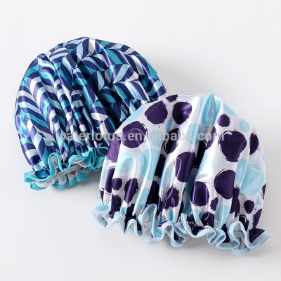 Wholesale printing cheap satin+ PEVA colorful waterproof shower cap